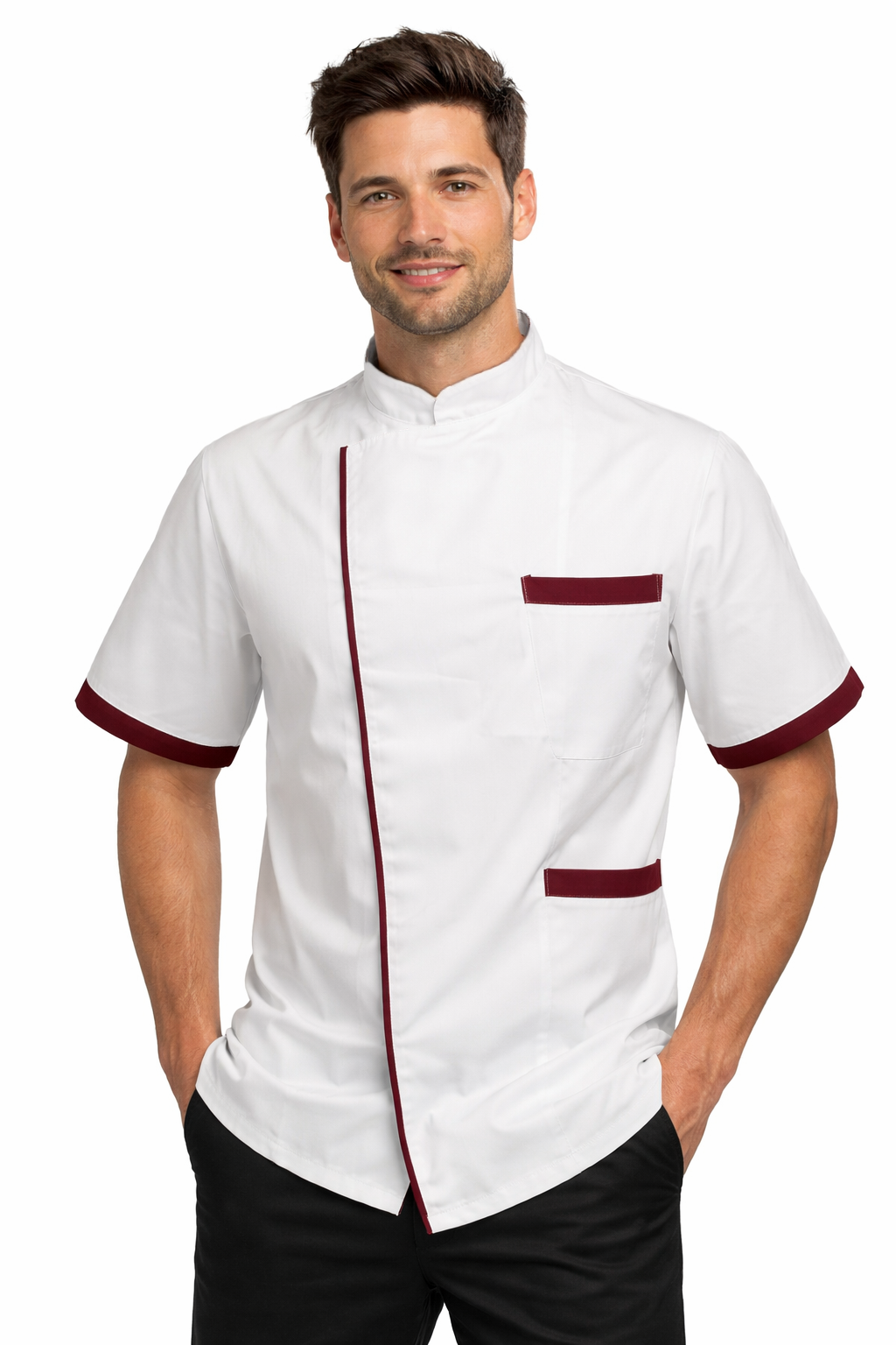 GIACCA BAR/CUCINA MEZZA MANICA CON BOTTONE A PRESSIONE BIANCO CON DETTAGLI BORDEAUX/ROSSO/NERO