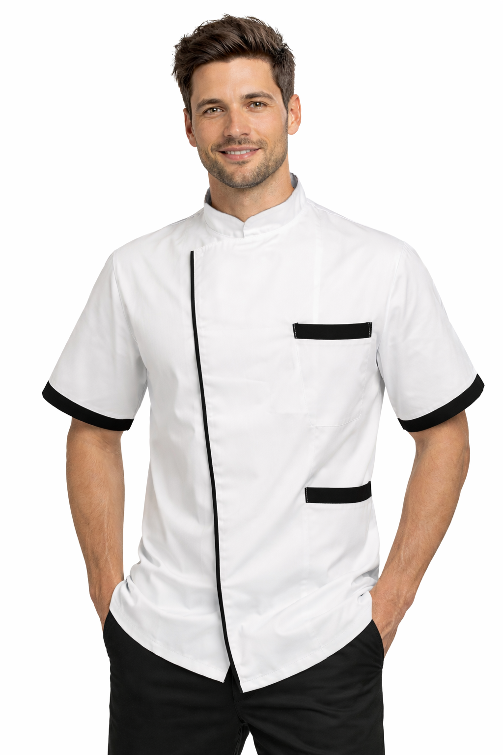 GIACCA BAR/CUCINA MEZZA MANICA CON BOTTONE A PRESSIONE BIANCO CON DETTAGLI BORDEAUX/ROSSO/NERO