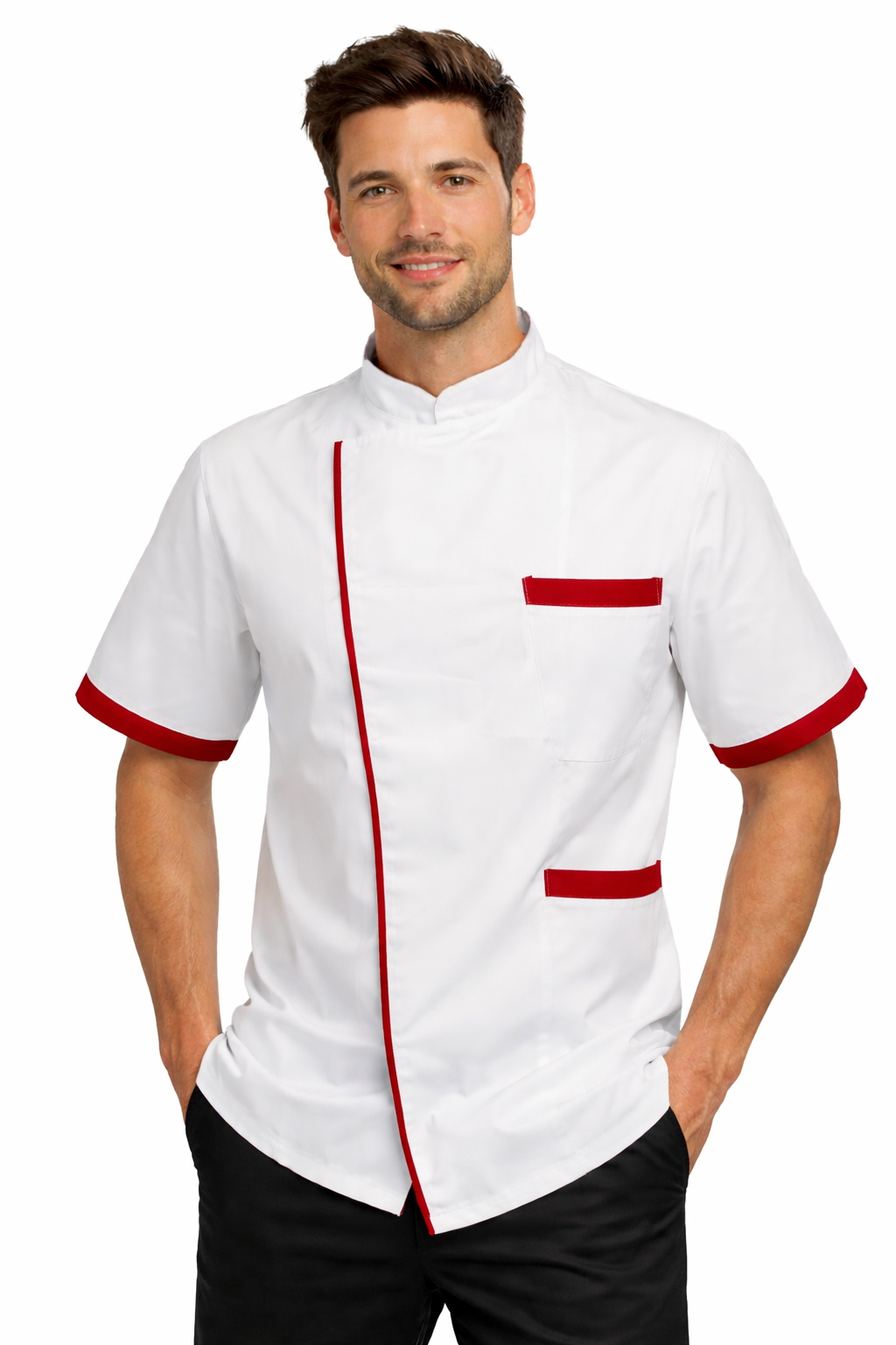 GIACCA BAR/CUCINA MEZZA MANICA CON BOTTONE A PRESSIONE BIANCO CON DETTAGLI BORDEAUX/ROSSO/NERO