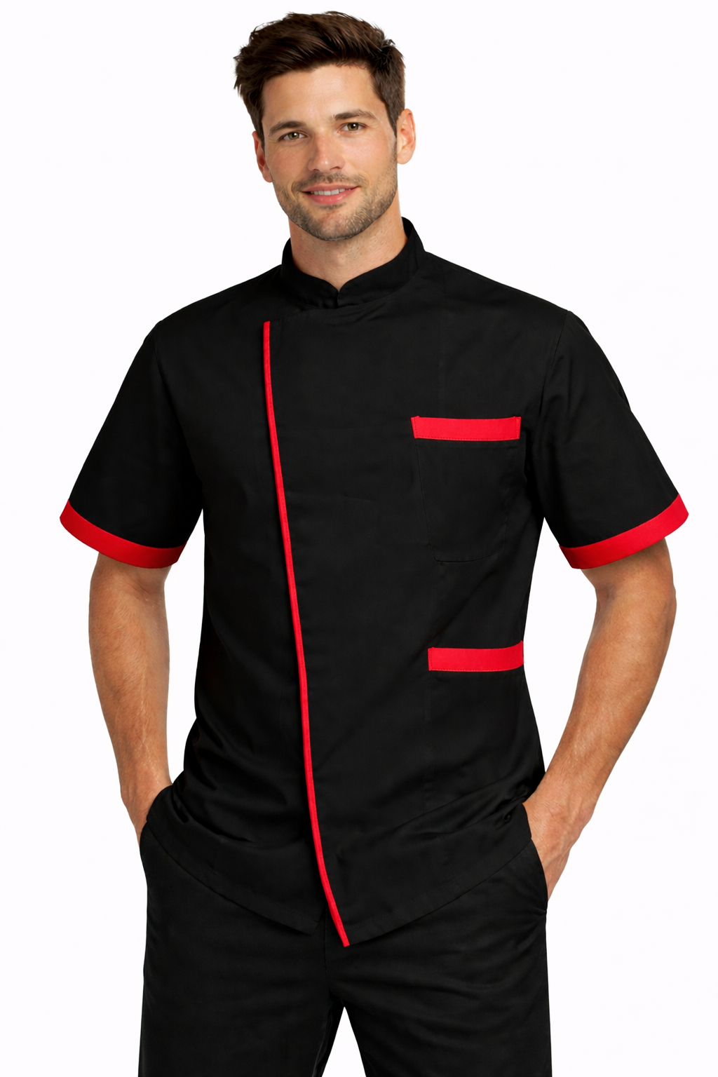 GIACCA BAR/CUCINA MEZZA MANICA CON BOTTONE A PRESSIONE NERO CON DETTAGLI ROSSO/ARANCIONE