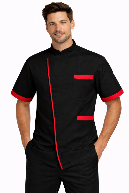 GIACCA BAR/CUCINA MEZZA MANICA CON BOTTONE A PRESSIONE NERO CON DETTAGLI ROSSO/ARANCIONE