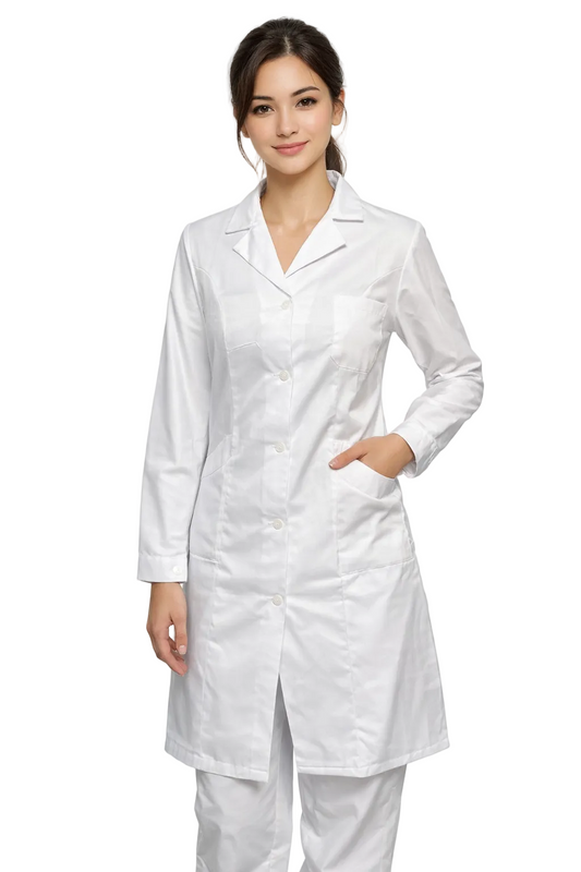 CAMICE LABORATORIO BIANCO LUNGO DONNA MODELLO AVVITATO