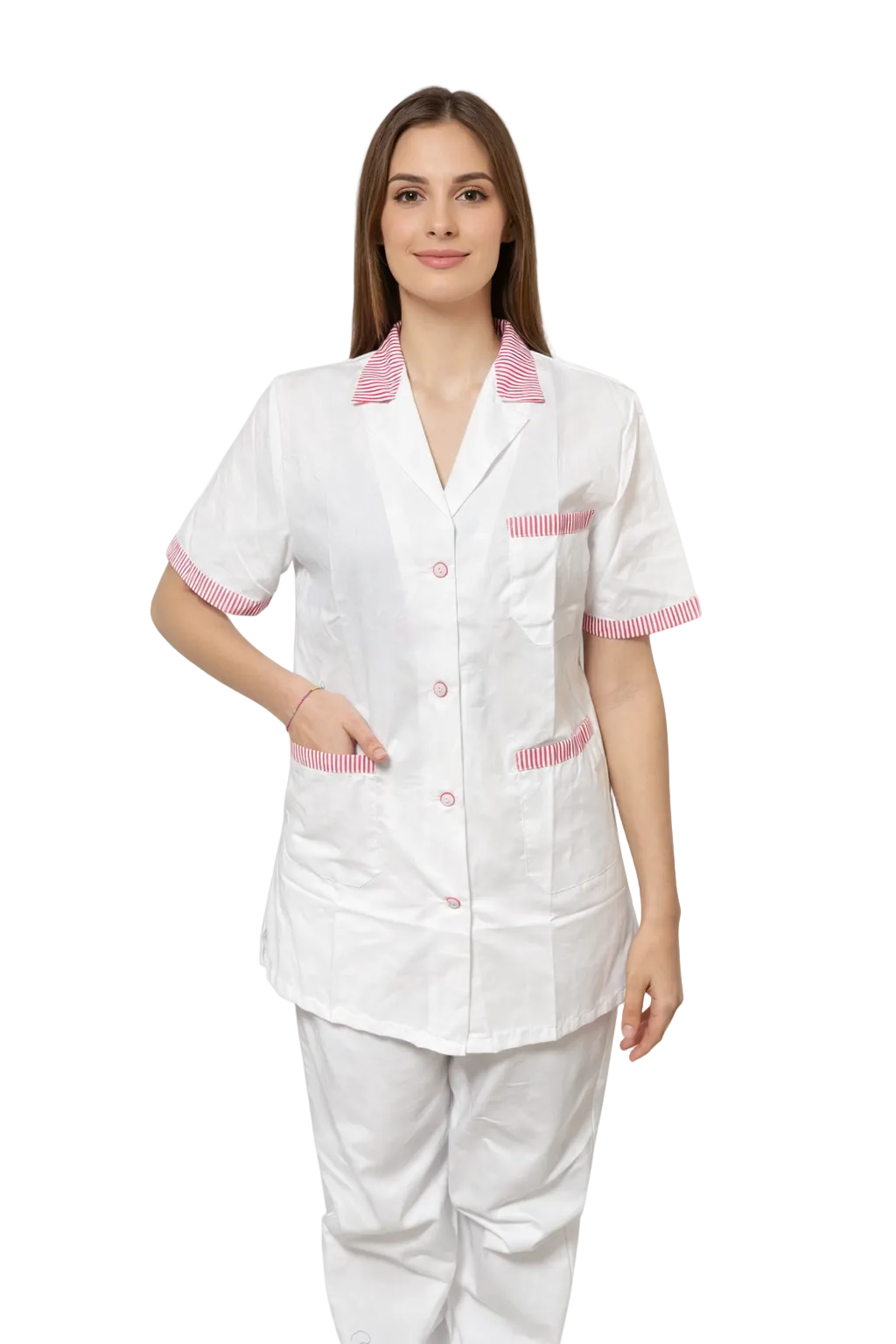 CAMICE PROFESSIONALE CORTO DONNA MEZZA MANICA BIANCO CON RIGO ROSSO/VERDE