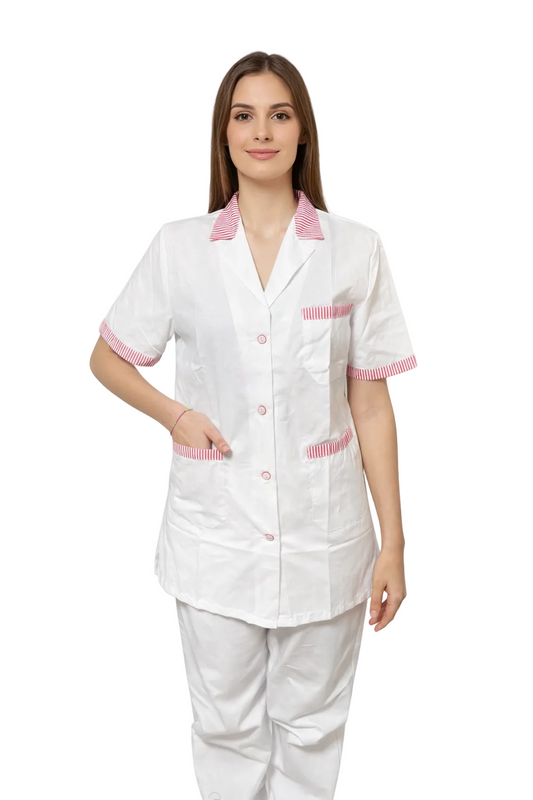 CAMICE PROFESSIONALE CORTO DONNA MEZZA MANICA BIANCO CON RIGO ROSSO/VERDE