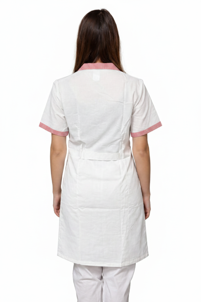 CAMICE PROFESSIONALE LUNGO DONNA MEZZA MANICA BIANCO CON RIGO ROSSO/VERDE
