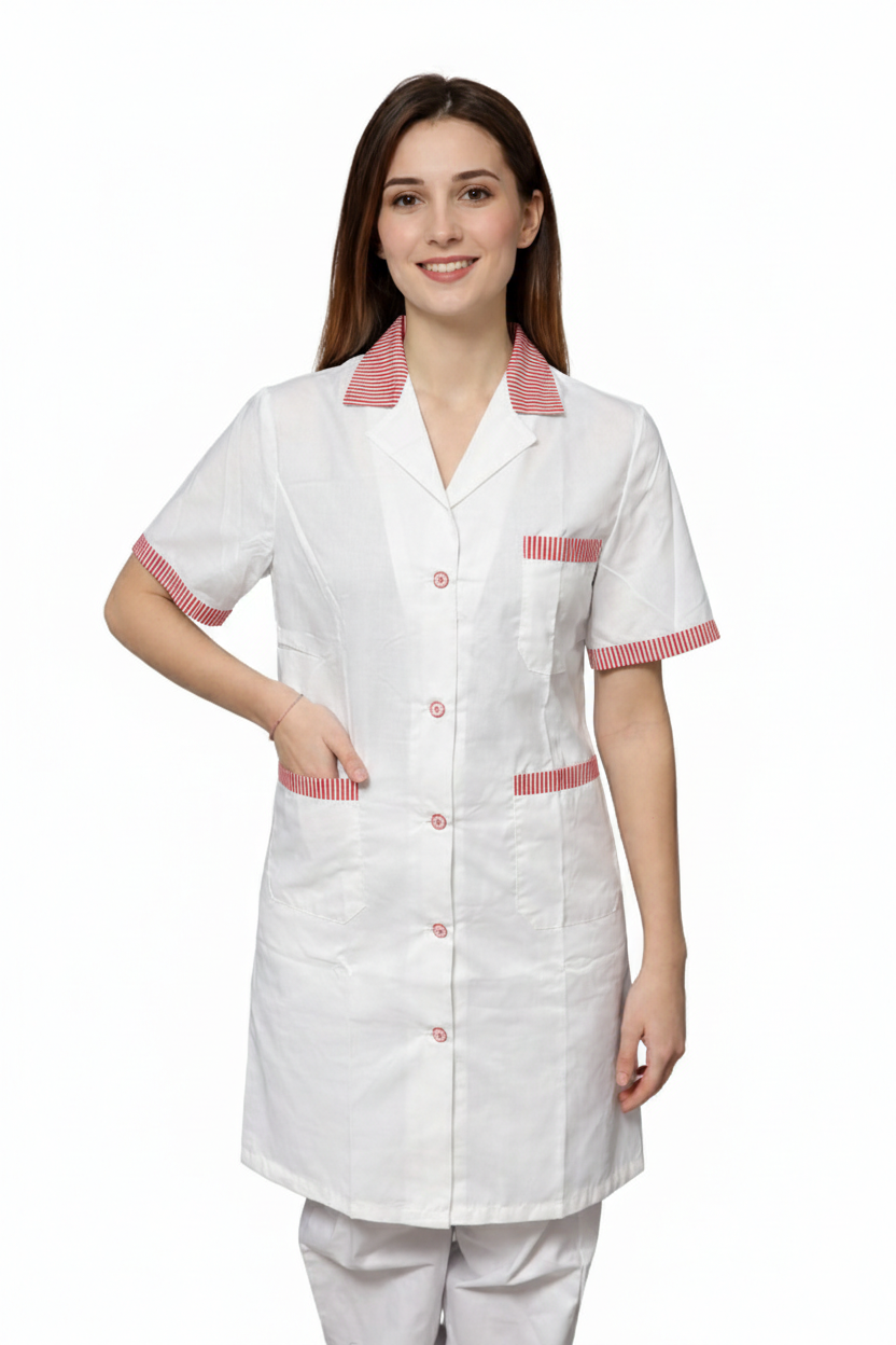 CAMICE PROFESSIONALE LUNGO DONNA MEZZA MANICA BIANCO CON RIGO ROSSO/VERDE