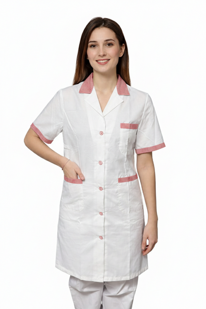 CAMICE PROFESSIONALE LUNGO DONNA MEZZA MANICA BIANCO CON RIGO ROSSO/VERDE
