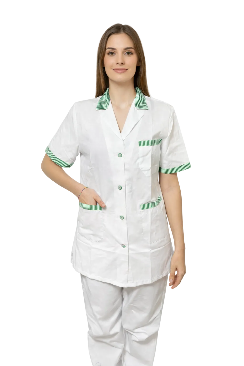 CAMICE PROFESSIONALE CORTO DONNA MEZZA MANICA BIANCO CON RIGO ROSSO/VERDE
