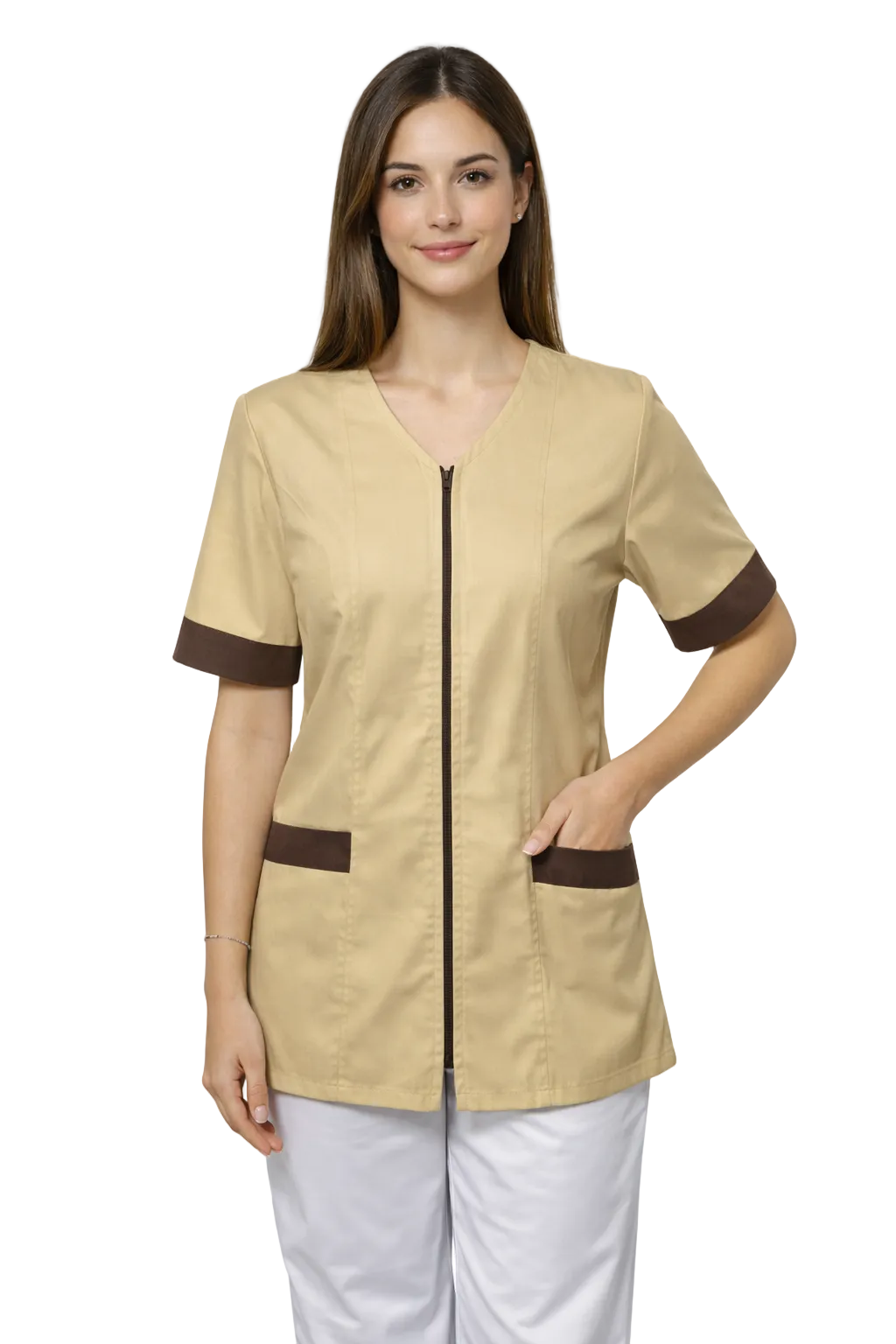 CASACCA DONNA ZIP MEZZA MANICA MARRONE/BEIGE DETTAGLI A CONTRASTO