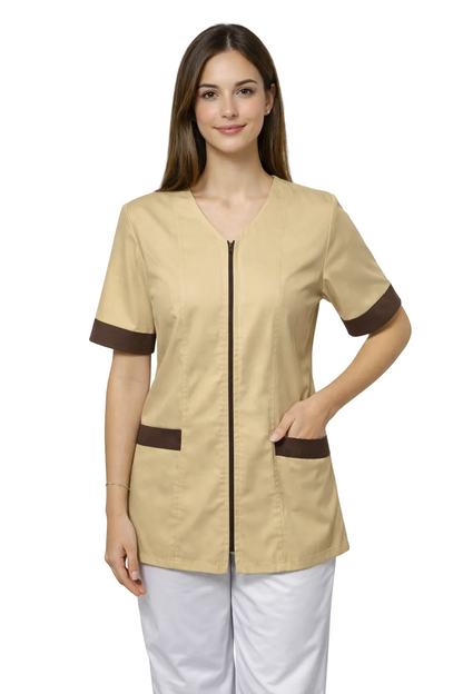 CASACCA DONNA ZIP MEZZA MANICA MARRONE/BEIGE DETTAGLI A CONTRASTO