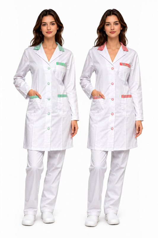 CAMICE PROFESSIONALE LUNGO DONNA MANICA LUNGA DETTAGLI ROSSI/VERDI